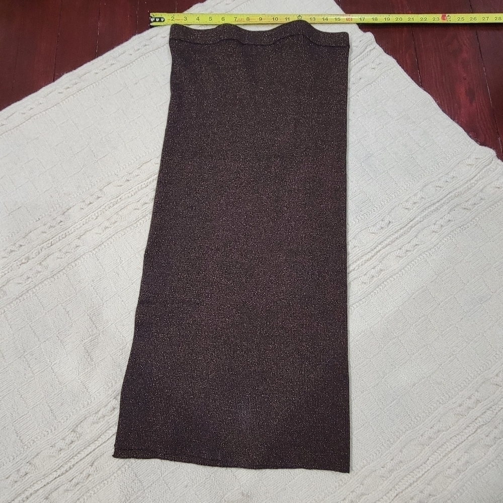 House of Harlow 1960 Bronze Black Ribbed Metallic Knit Midi Skirt Side Slit L - Picture 8 of 8
